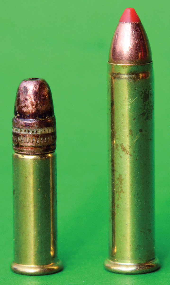 The 22 Long Rifle (left) features a heel-style bullet with outside lubrication, while the 22 Magnum (right) features an inside  lubricated (jacketed) bullet and offers notably greater velocity.